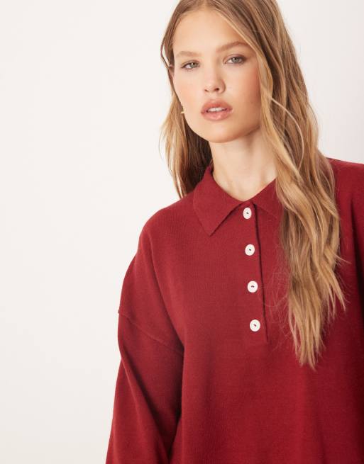 Gina Tricot - Sweat en maille à manches longues et col - Rouge, 3 de 4