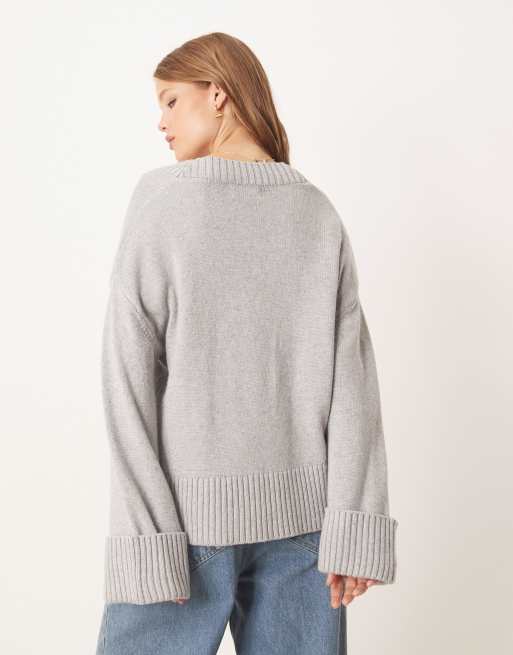 Gina Tricot - Sweat en maille avec col V et manches amples - Gris clair chiné, 2 de 4