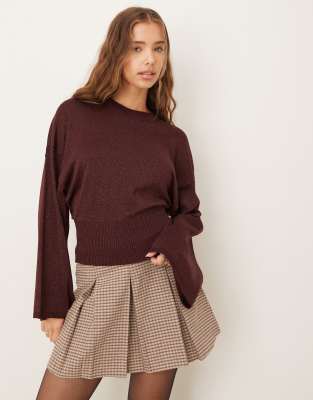 Gina Tricot - Sweat en maille fine métallisée à manches larges - Rouge grenade foncé