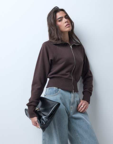 Gina Tricot Sweat-Kombiteil mit Stehkragen und durchgehendem Reißverschluss in Braun - view 1