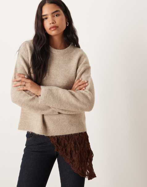 Gina Tricot crew neck knitted wool alpaca sweater in beige melange