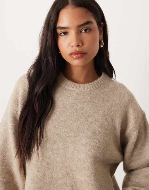 Gina Tricot – Sweter z okrągłym dekoltem z dzianiny z mieszanki wełny alpaki w beżowym melanżowym kolorze