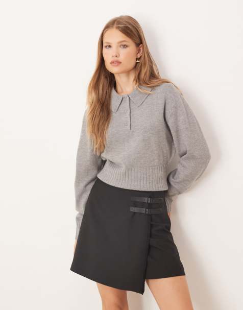 Gina Tricot long sleeve collar knitted jumper in mid grey melange