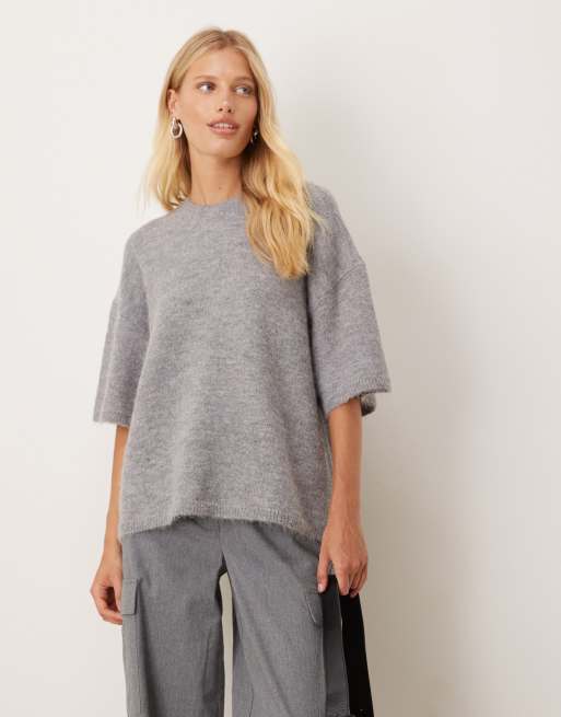 Gina Tricot – Szary melanżowy luźny sweter z krótkimi rękawami z dzianiny z wełną alpaki