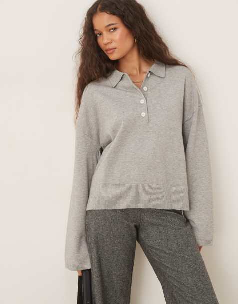 Gina Tricot long sleeve collar knitted sweater in light grey melange