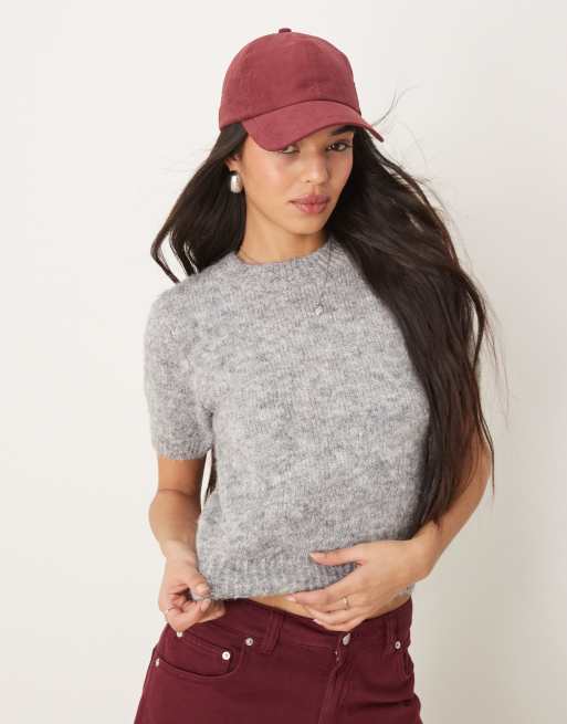 Gina Tricot – Szary melanżowy sweter z krótkimi rękawami z puszystej dzianiny