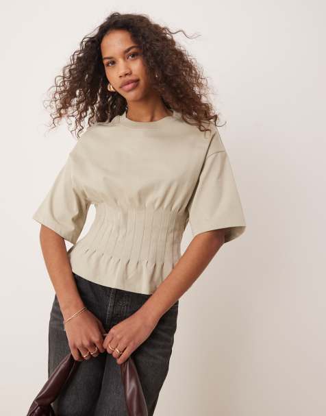 Gina Tricot - T-shirt a maniche corte color beige pietra chiaro con corsetto a pieghe - view 1