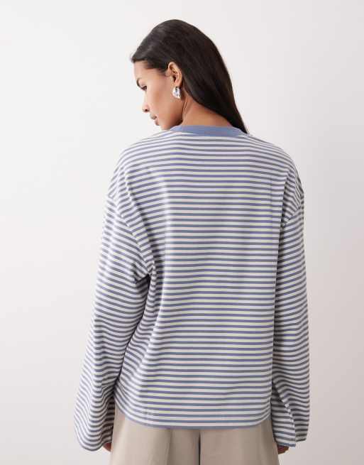 Gina Tricot - T-shirt a maniche lunghe comoda blu a righe, 3 di 4