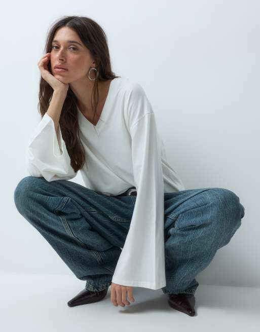 Gina Tricot t-shirt ample à manches longues col V blanc, 4 de 5