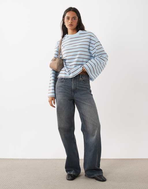 Gina Tricot T-shirt basic a maniche lunghe in puro cotone a righe azzurre, 2 di 4