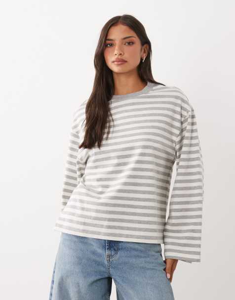 Gina Tricot T-shirt basic a maniche lunghe in puro cotone a righe grigie - view 1