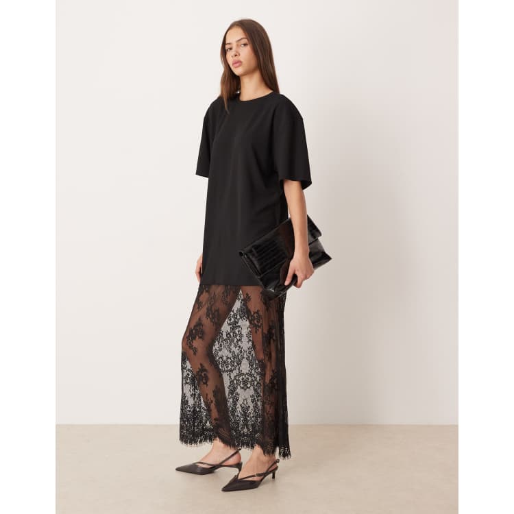black lace up t shirt dress boohoo Women's Lace Detail Midaxi T-Shirt Dress