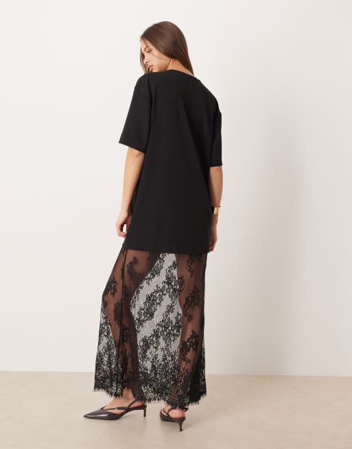 Gina Tricot t-shirt lace maxi dress in black