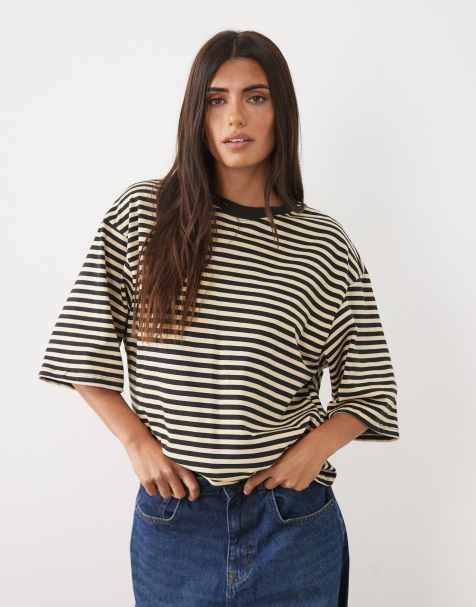 Gina Tricot T-shirt squadrata a maniche corte a righe verde scuro - view 1