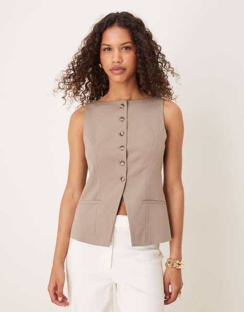 Gina Tricot tailored boatneck vest in taupe beige - view 1