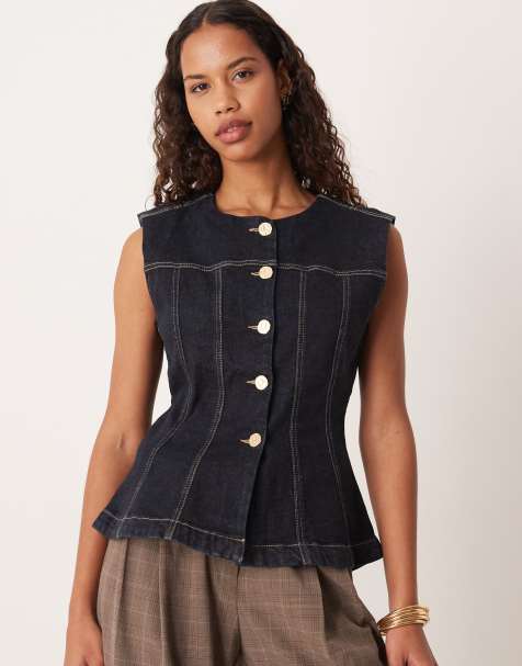 Gina Tricot tailored sculpt waist shaped denim vest top in darkwash indigo rinse