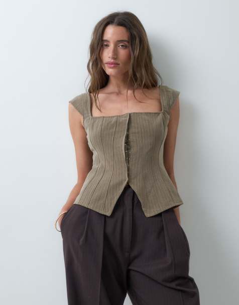 Gina Tricot tailored square neck cap sleeve top in beige - view 1