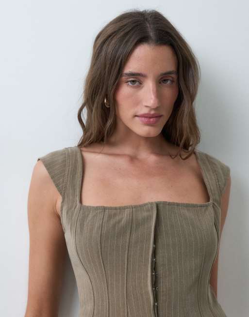 Gina Tricot tailored square neck cap sleeve top in dark brown, 2 of 5
