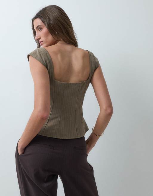 Gina Tricot tailored square neck cap sleeve top in dark brown, 4 of 5