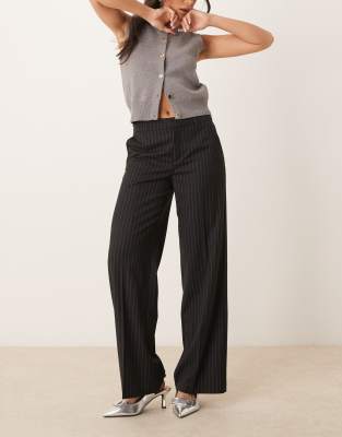 tailored wide leg pants with flat front in black pinstripe-Multi