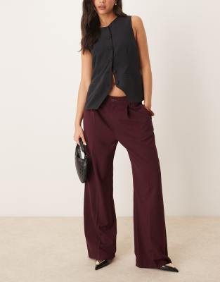 tailored wide leg pants with pleat front in dark wine burgundy