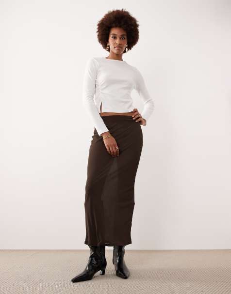 Gina Tricot Tall sheer midi skirt in brown