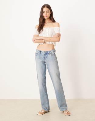 Gina Tricot Tall - Straight Jeans in Vintage-blauer, leichter Waschung mit niedrigem Bund