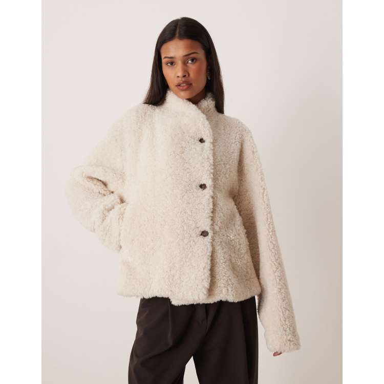 Gina Tricot teddy jacket with high neck in off white | ASOS