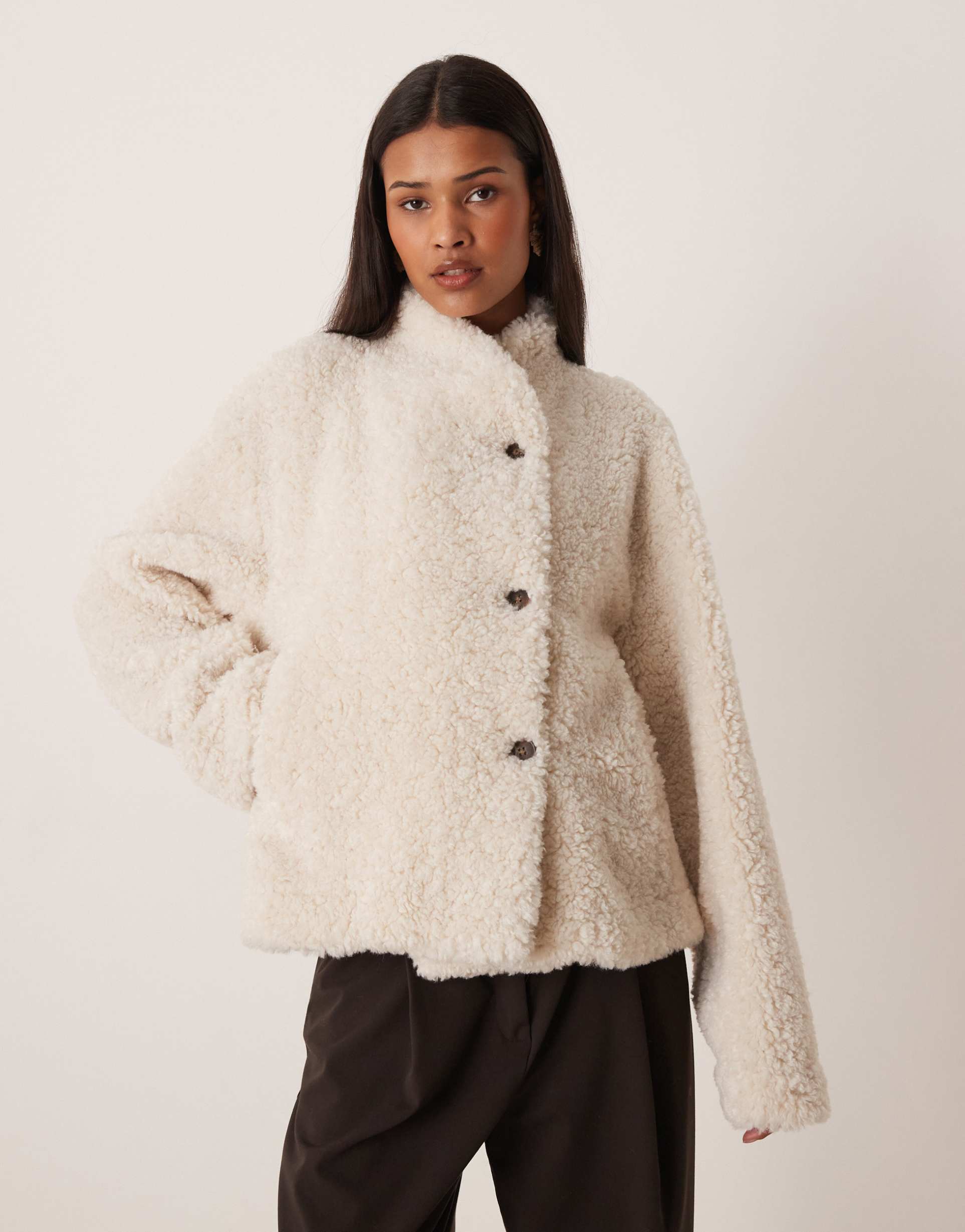 gina tricot teddy jacket with high neck in off white