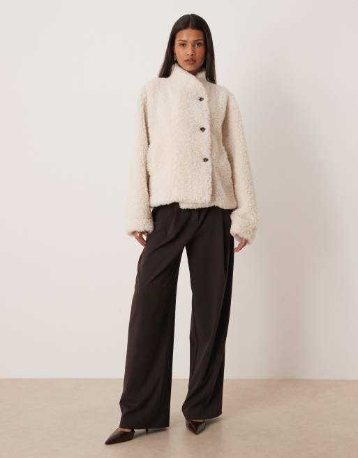 Gina Tricot teddy jacket with high neck in off white | ASOS