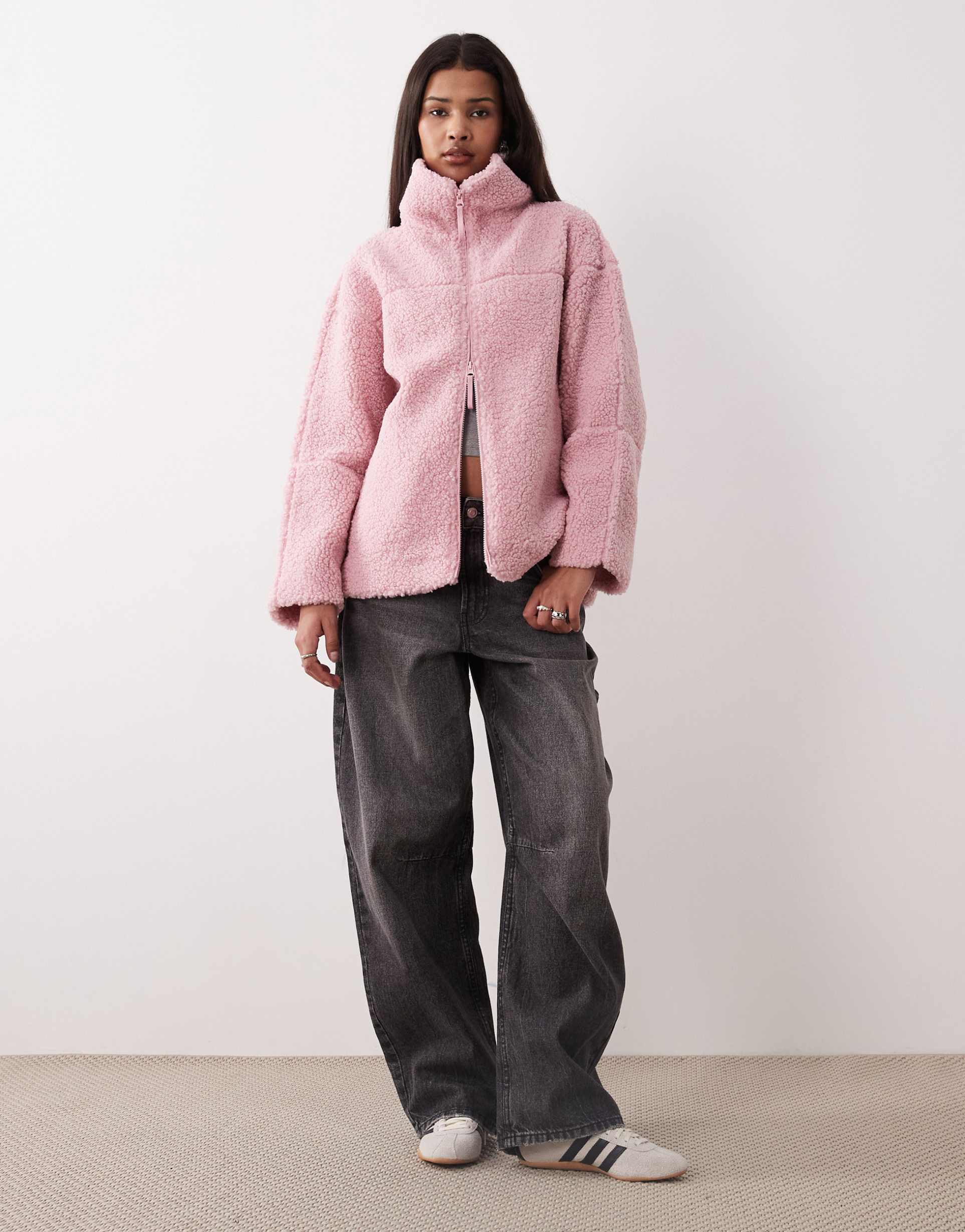 gina tricot teddy zip up jacket in pink