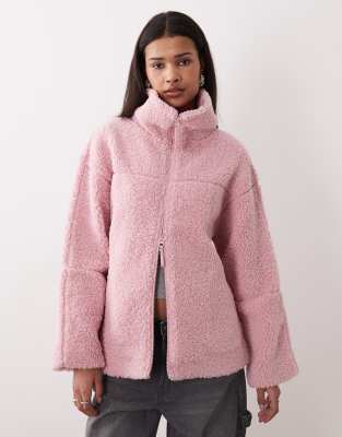 Gina Tricot Pile Zip Up Shacket Jacket In Pink | ModeSens