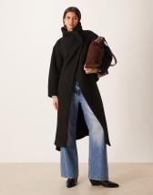 Aria Cove shaggy faux fur trim leather look maxi coat in black