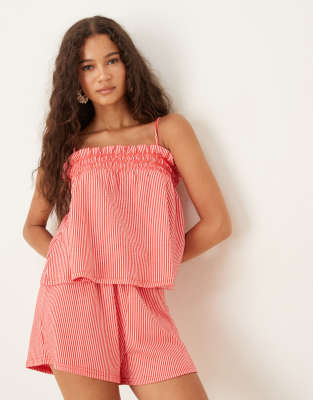 Gina Tricot textured elasticated strappy frill top in red stripe (part of a set)