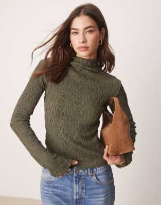 textured funnel neck long sleeve top in khaki olive-Green