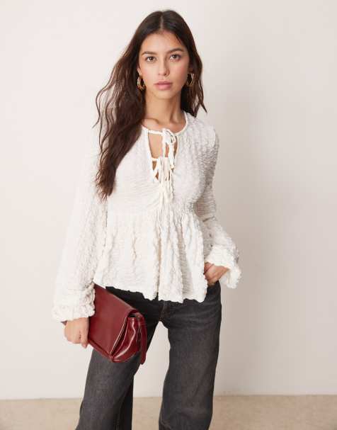 Gina Tricot textured long sleeve top with tie front floaty hem in off white