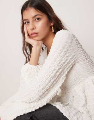 Gina Tricot Textured Long Sleeve Top With Tie Front Floaty Hem In White