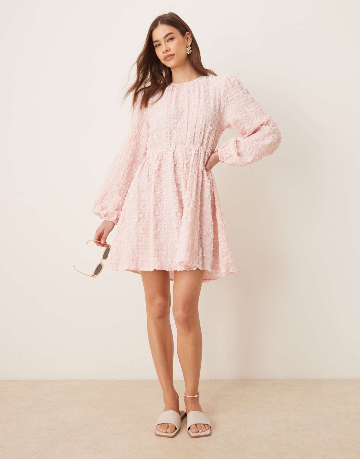 Gina Tricot textured mini dress with open tie back and volume sleeves in pink