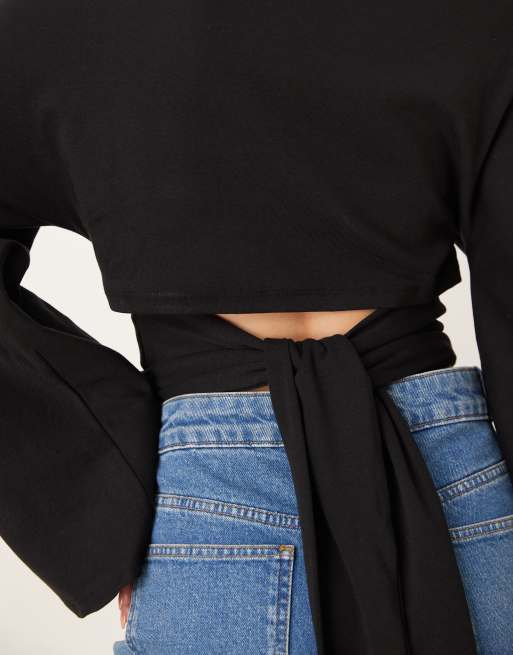 Gina Tricot tie back long sleeve top in black, 2 of 4