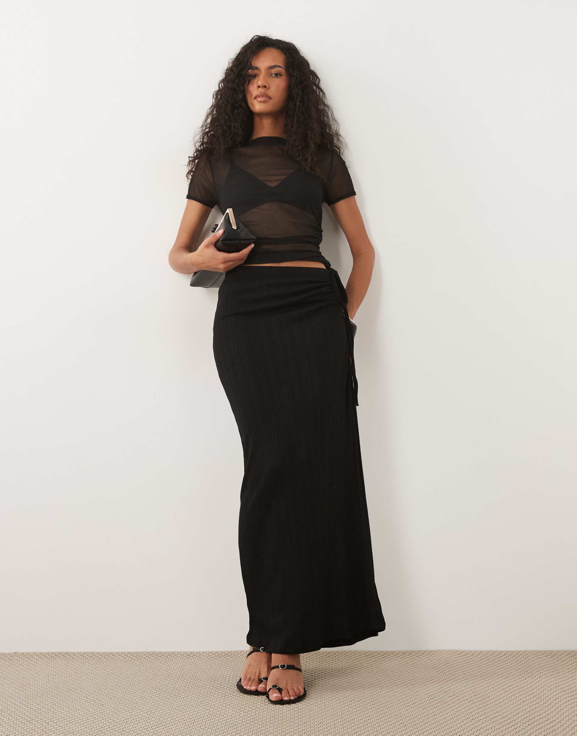 gina tricot tie detail ruched maxi skirt in black