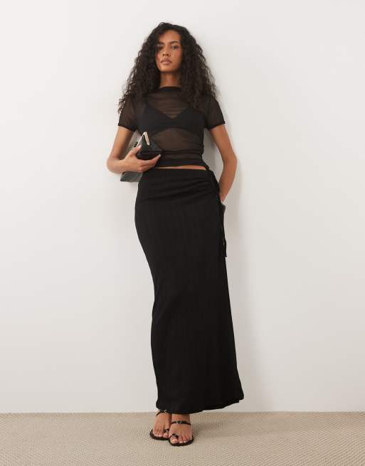 Gina Tricot tie detail ruched maxi skirt in black | ASOS