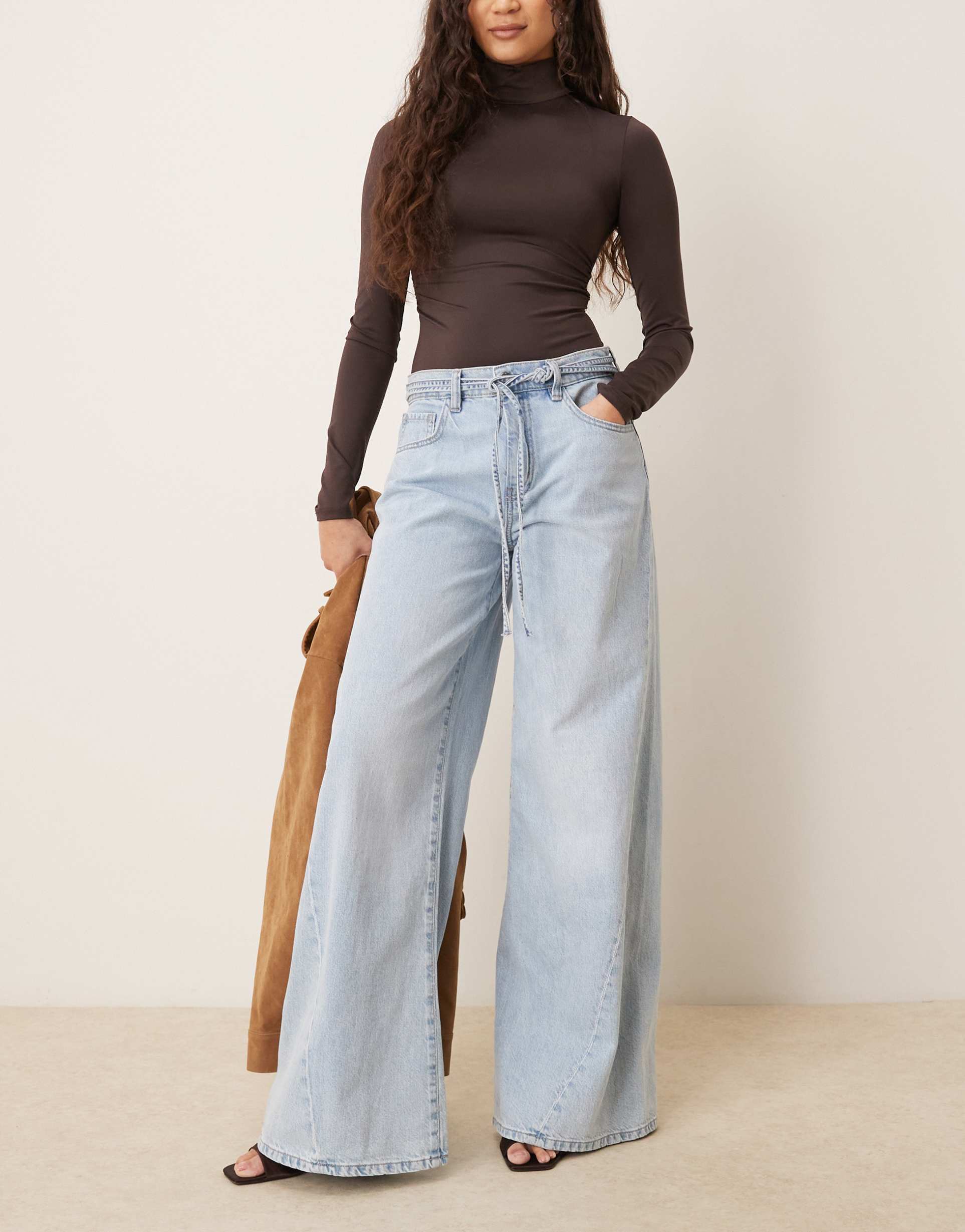 gina tricot tie detail wide leg jeans in light blue