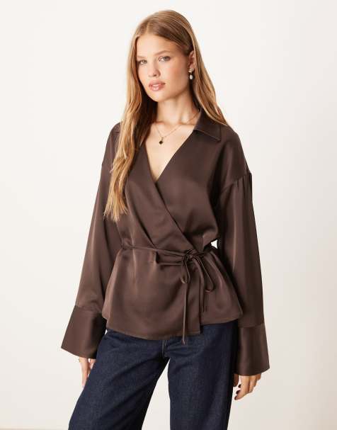 Gina Tricot tie front satin shirt in brown - view 1
