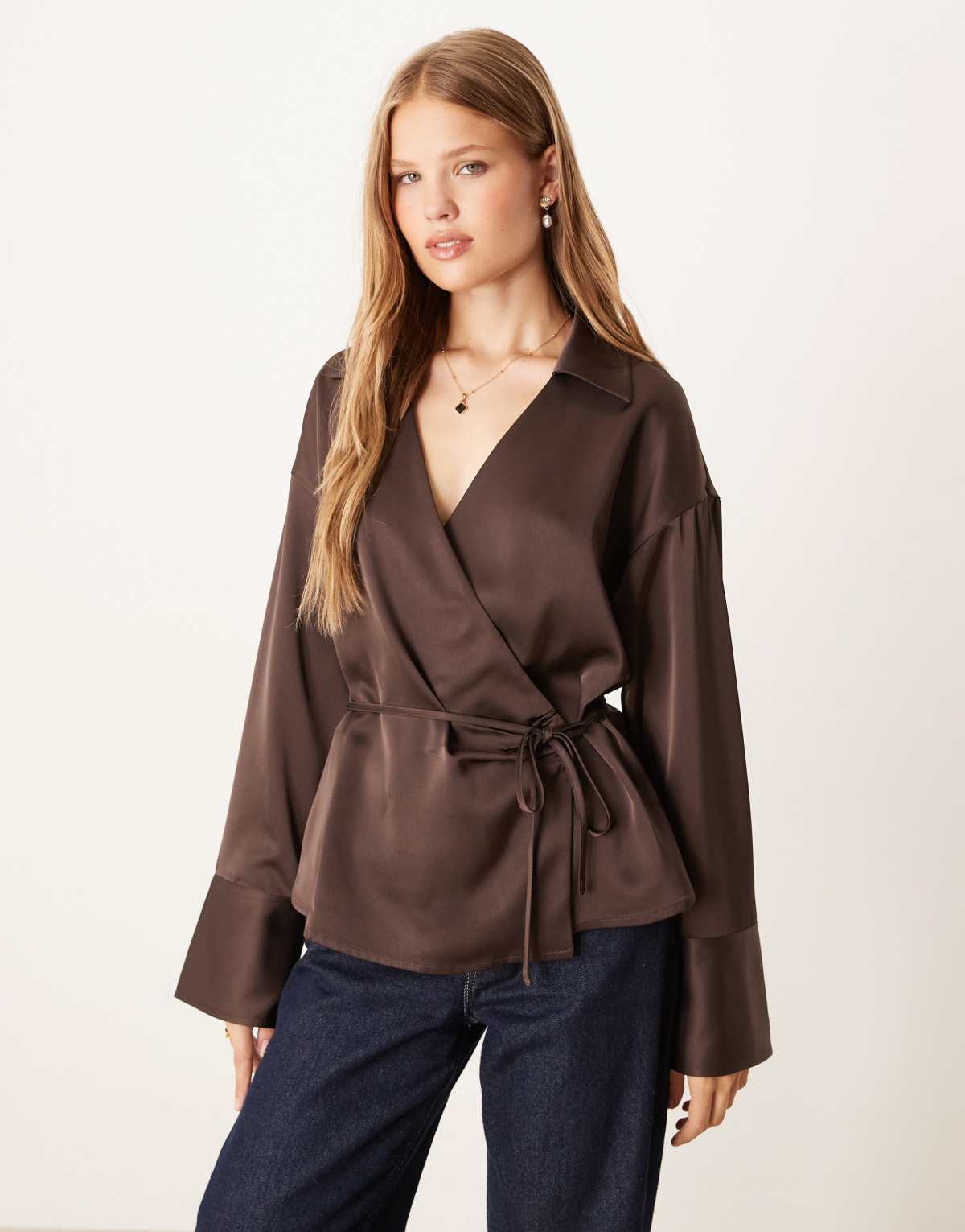 Gina Tricot tie front satin shirt in brown