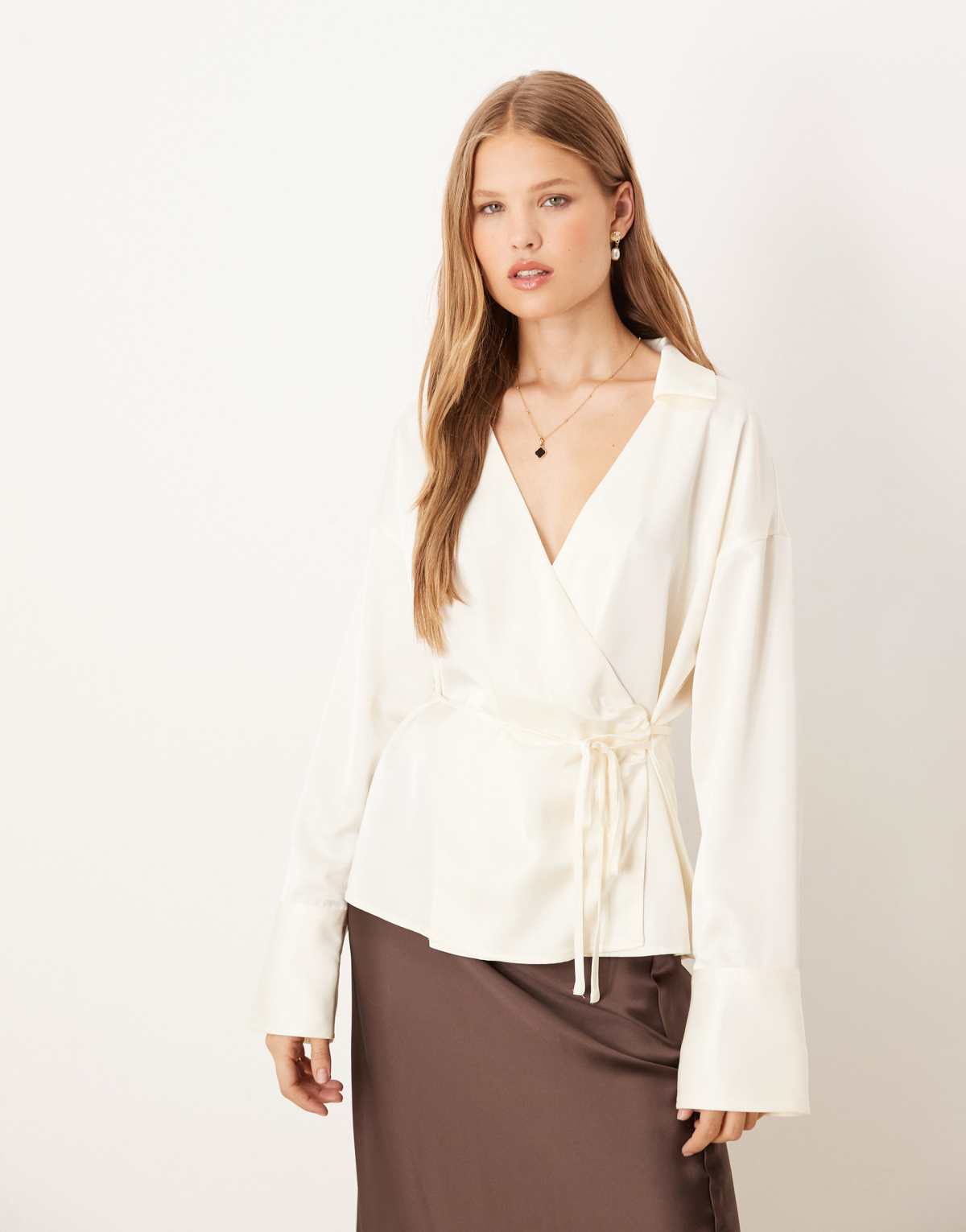 Gina Tricot tie front satin shirt in cream