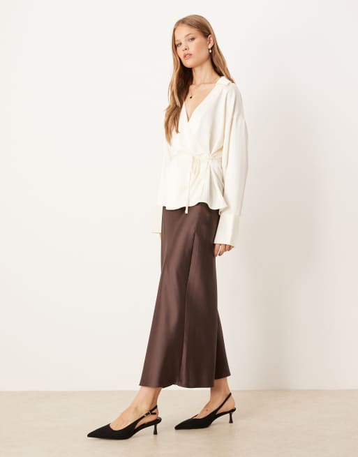 Gina Tricot tie front satin shirt in cream