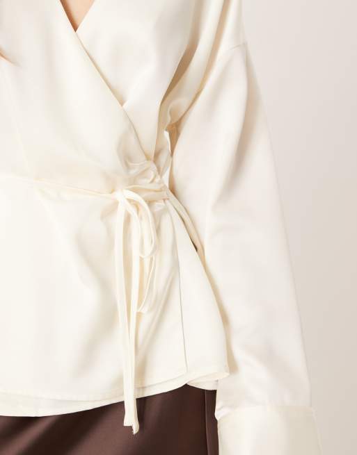 Gina Tricot tie front satin shirt in cream