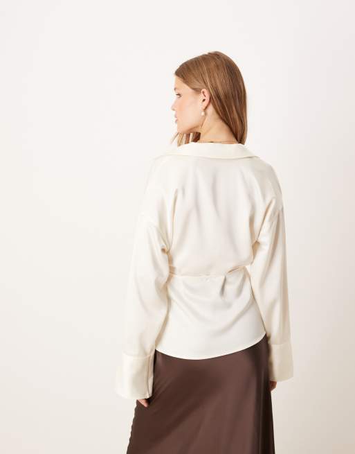 Gina Tricot tie front satin shirt in cream