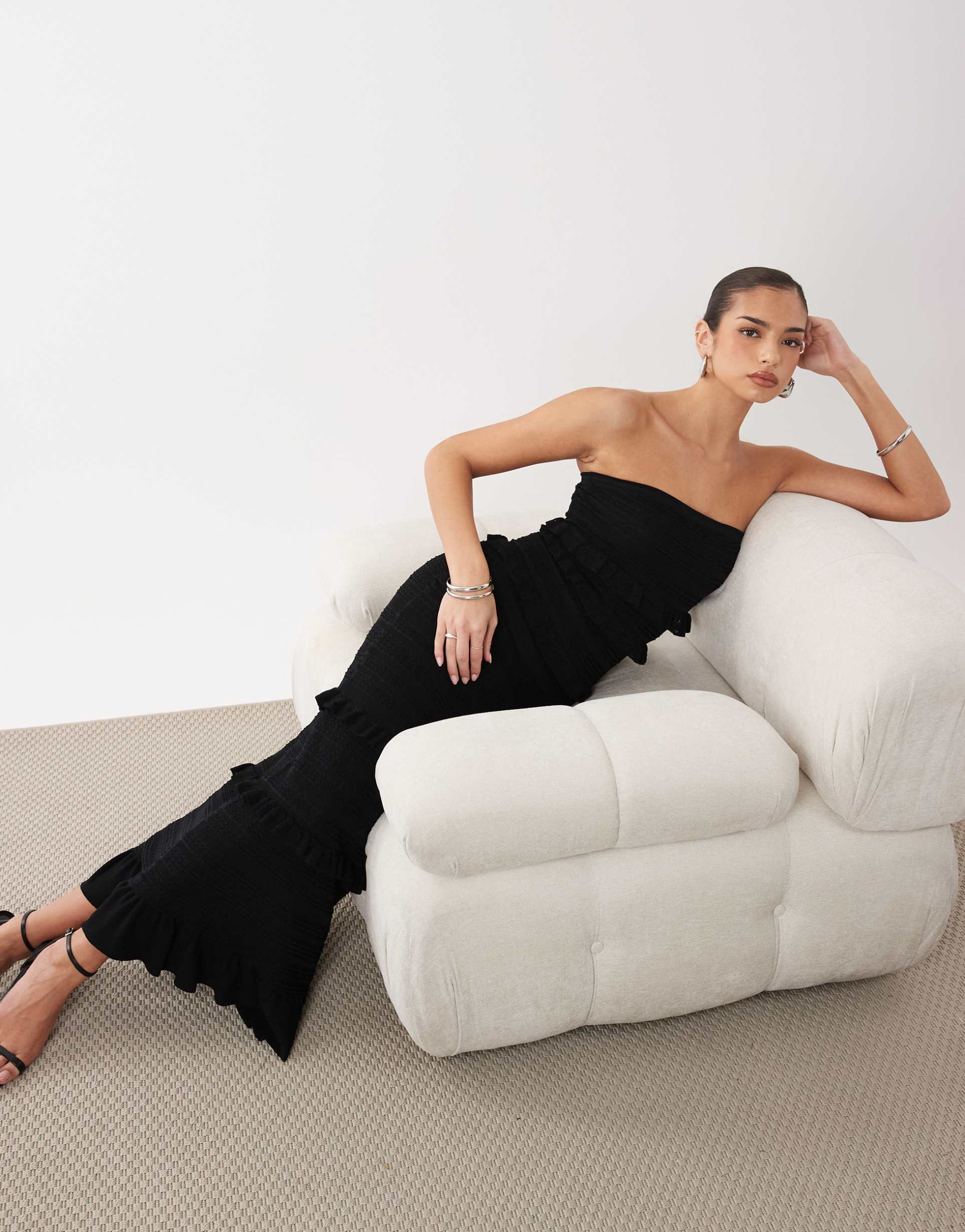 gina tricot tiered frill bandeau maxi dress in black