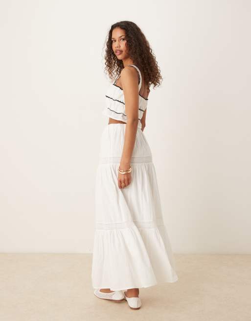 Gina Tricot tiered lace midi skirt in white